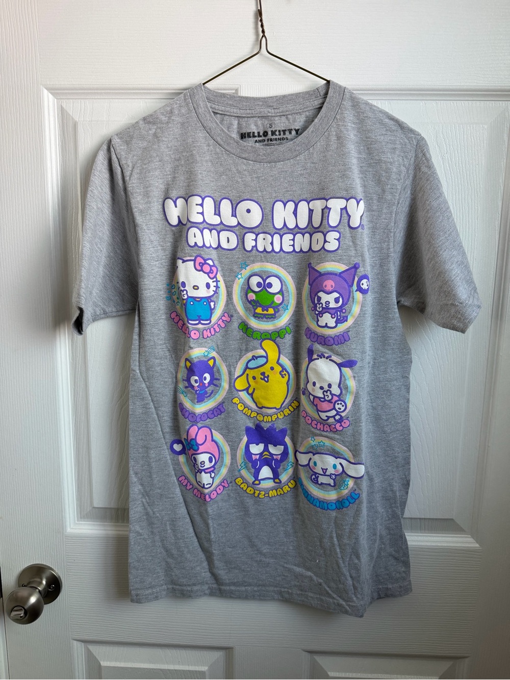 Hello Kitty Gray Short Sleeve Tee with Colorful Character Patches
